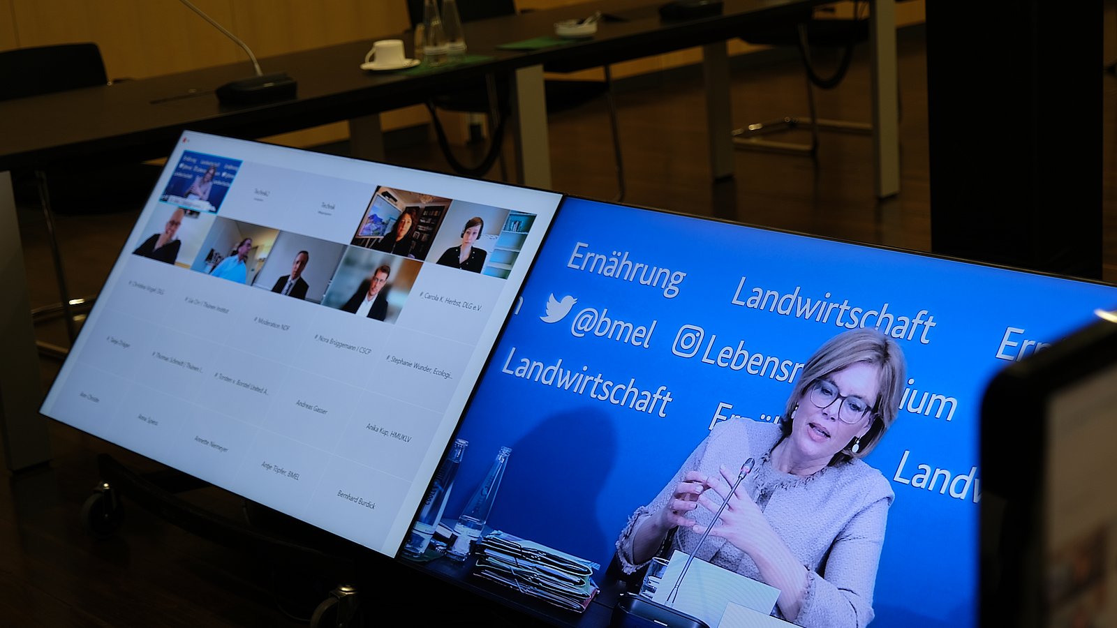 Bundesministerin Julia Klöckner auf einem Bildschirm in einer digitalen Konferenz. 