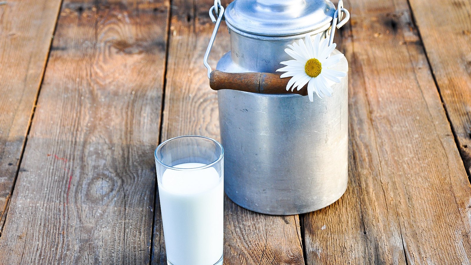 Ein Glas Milch steht vor einer Milchkanne. 