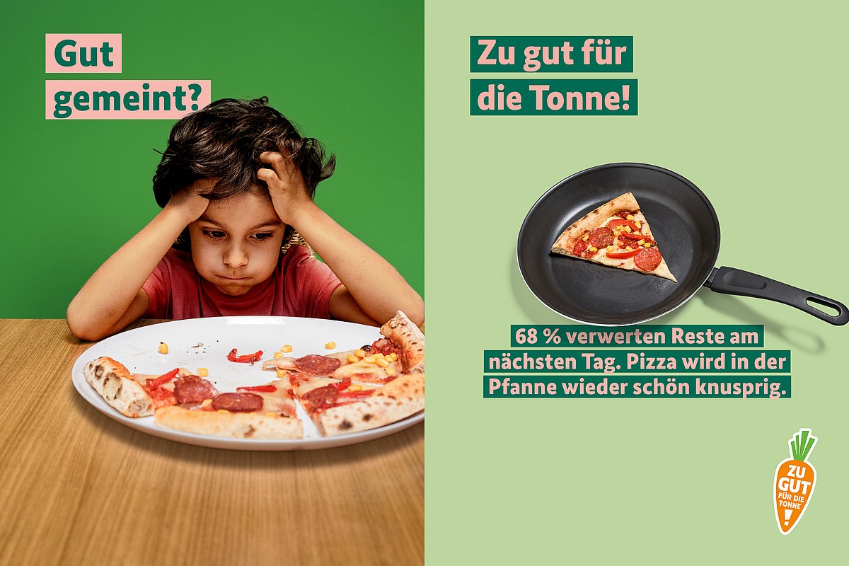 Ein Kind sitzt am Esstisch und rauft sich die Haare, sichtlich satt von der vor ihm stehenden Pizza, die noch halb auf dem Teller liegt. Darüber steht: Gut gemein? Daneben liegt ein Pizzastück in einer Pfanne, darunter steht: 68% verwerten Reste am nächsten Tag. Pizza wird in der Pfanne wieder schön knusprig.